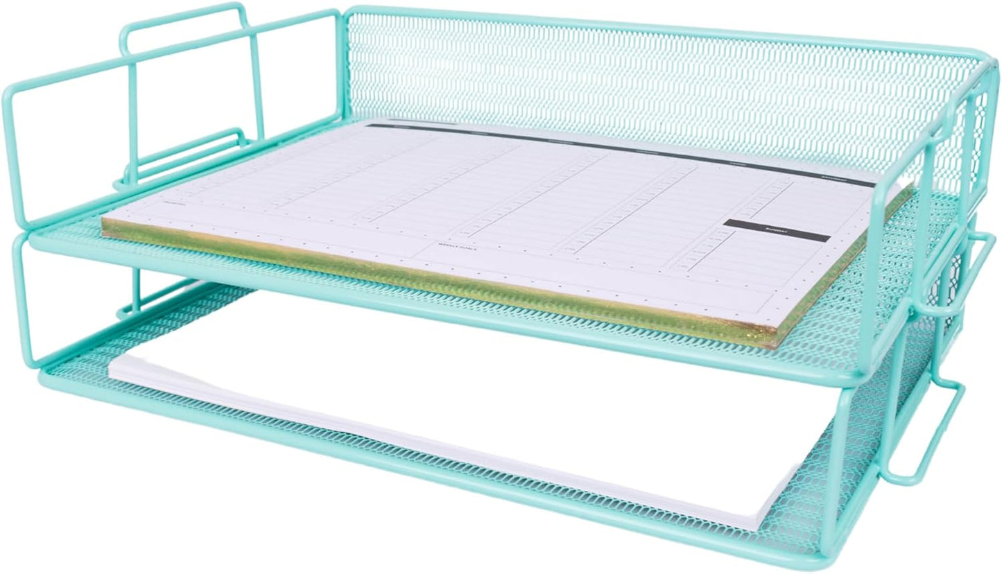 BLU MONACO | Paper Tray Stackable Gold Mesh Set of 2 | Stackable File Trays for Desk Organization | Tiered Desk Organizer with Metal Letter Trays