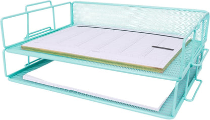 BLU MONACO | Paper Tray Stackable Gold Mesh Set of 2 | Stackable File Trays for Desk Organization | Tiered Desk Organizer with Metal Letter Trays