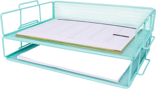 BLU MONACO | Paper Tray Stackable Gold Mesh Set of 2 | Stackable File Trays for Desk Organization | Tiered Desk Organizer with Metal Letter Trays