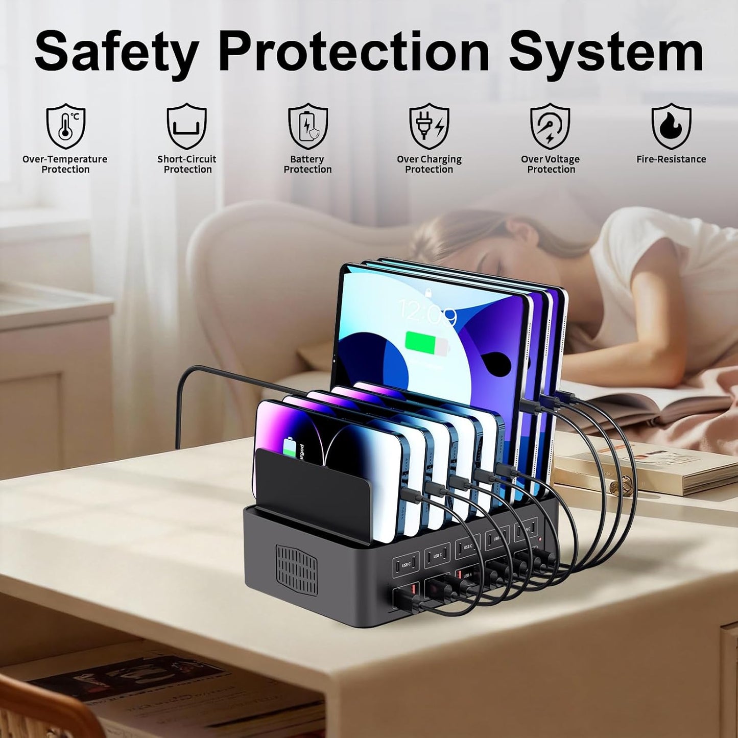 150W/35A Charging Station for Multiple Devices, 20 Port USB C Fast Charging Station with Adjustable Dividers - Organizer Charging Dock for Smartphone, iPad, Kindle, Tablet & More