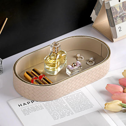 Hipiwe Perfume Trays PU Leather Vanity Tray for Dresser Bathroom Valet Trays Oval Desk Tray Jewelry Dish Holder Decorative Catchall Trays Nightstand Organizer, Beige