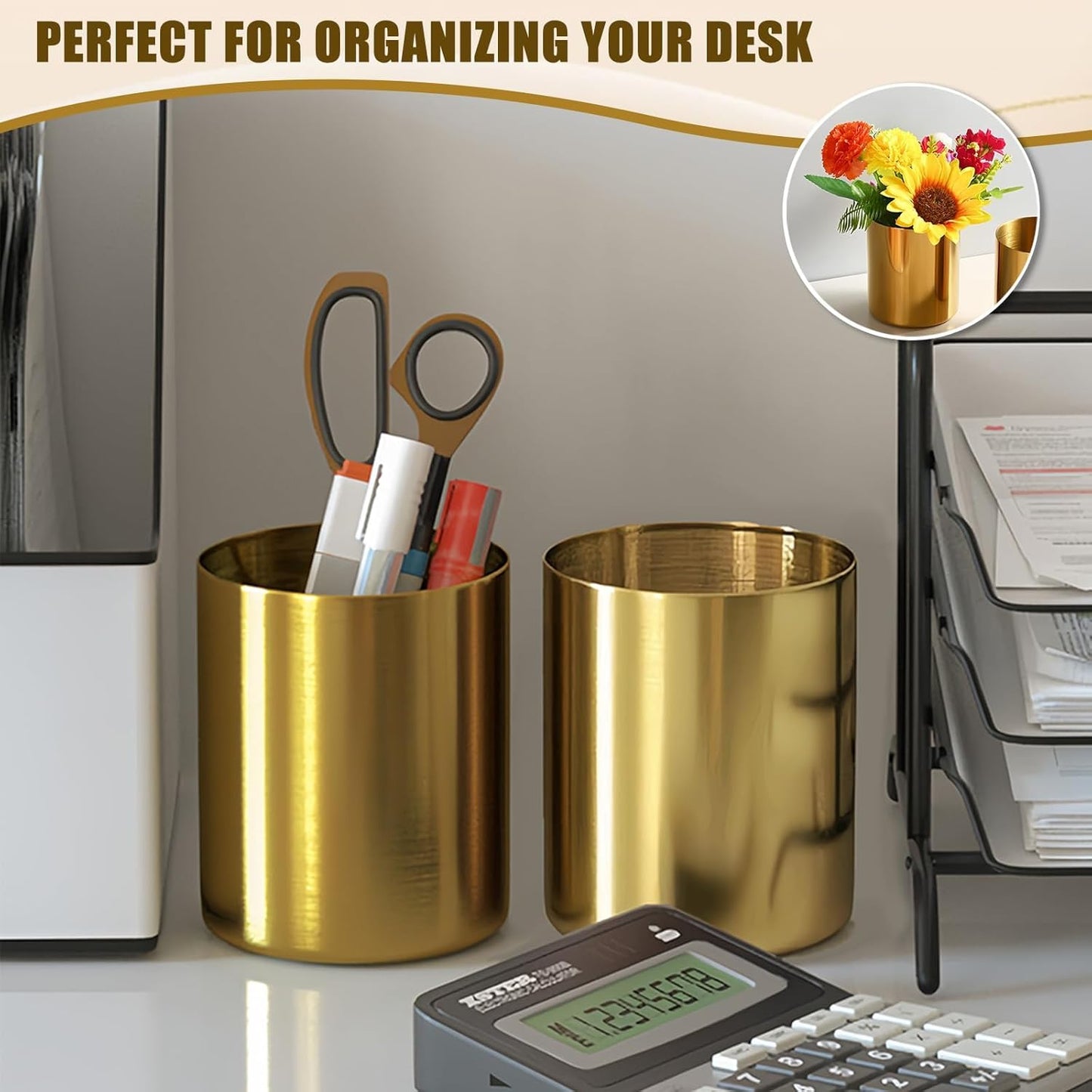 Gold Pen Holder for Desk, 3.9 Inch Stainless Steel Pencil Cup & Makeup Brush Organizer, Multi-Purpose Office and Vanity Desk Accessory for Women, Elegant Gold Home Decor