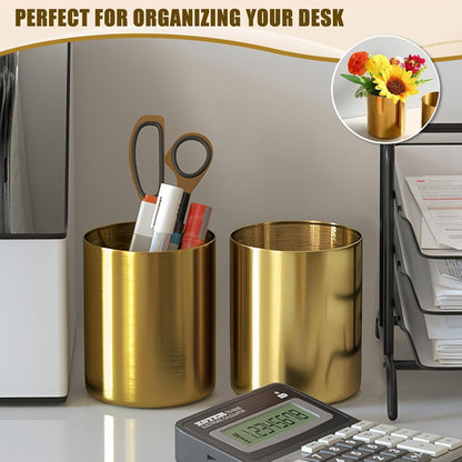 Gold Pen Holder for Desk, 3.9 Inch Stainless Steel Pencil Cup & Makeup Brush Organizer, Multi-Purpose Office and Vanity Desk Accessory for Women, Elegant Gold Home Decor