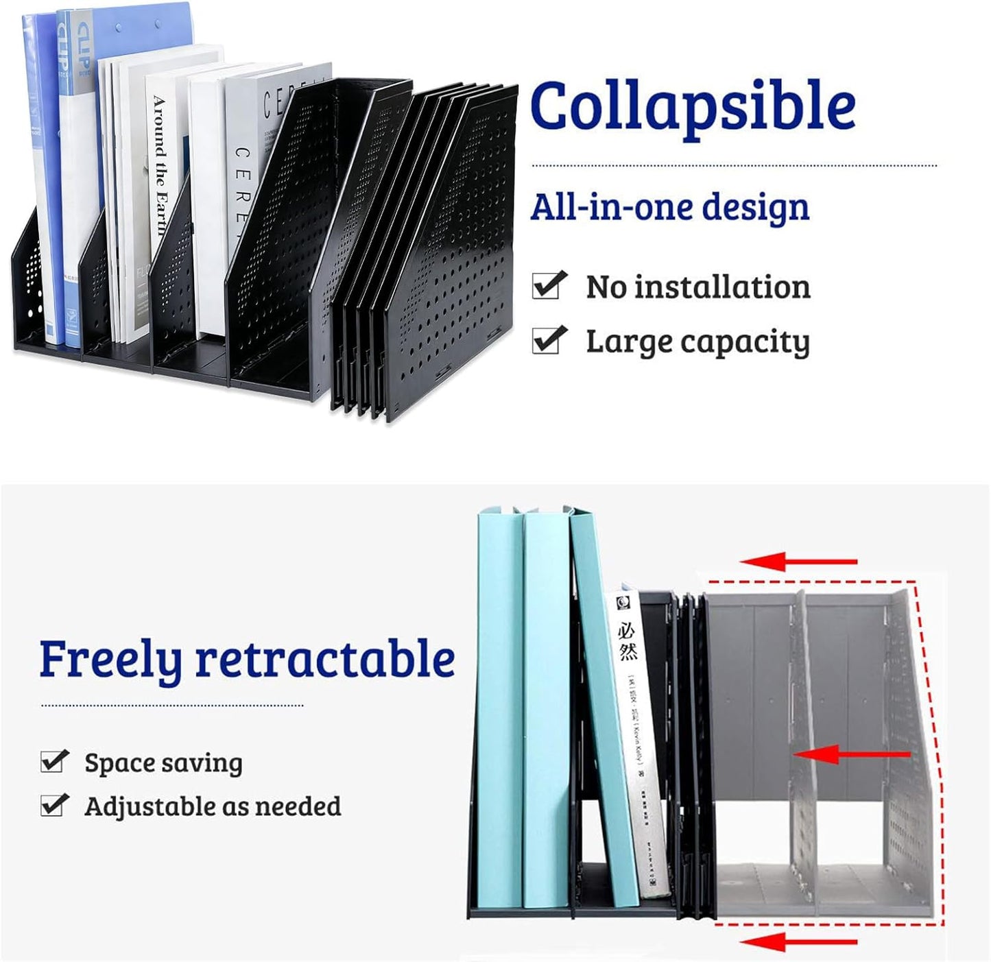 Marte Vanci Collapsible Magazine File Holder with 4 Vertical Compartments, Binder Holder for Desk, Desktop Binder Organizer for Notebook, Documents, Book, School Office Supplies(Black)
