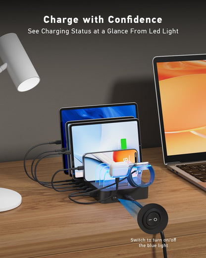 SooPii 90W Charging Station for Multiple Devices, 6 Port Multi USB C Charger Station with 6 Mixed Short Cables,PD 20W Charging Dock for lPhone,Galaxy,iPad,Tablet and More Electronic Devices
