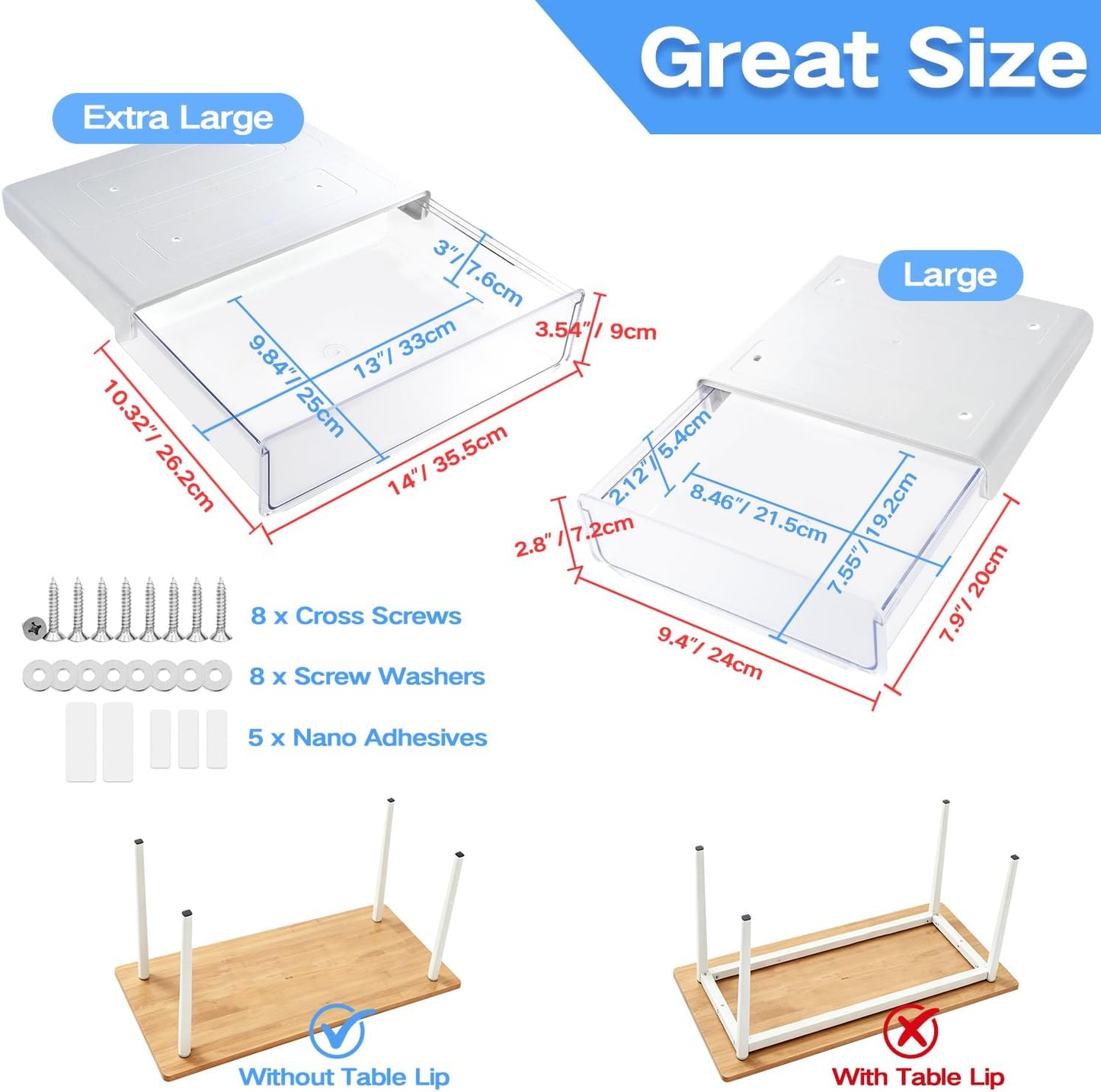 Self-adhesive Under Desk Drawer Organizer, 2 Pack Table Hidden Slide Out Large Storage Mounted Desktop Pencil Holder Tray Drawers for Office Home School Stationery Kitchen (Large, White)