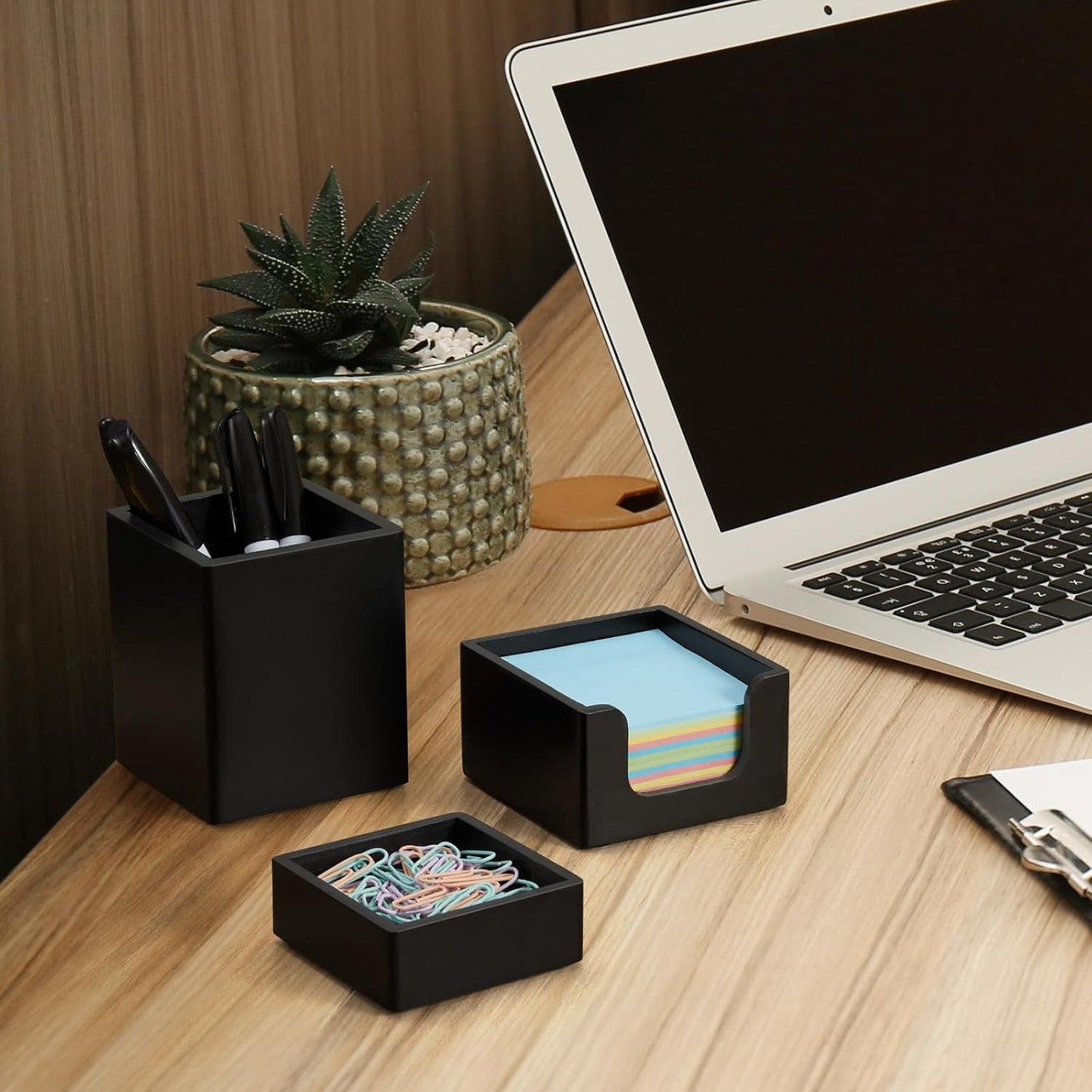 Desk Organizer Set of 3 - Bamboo Office Desk Accessories - Desk Organizers and Accessories for Women Men - Set incl. Pencil Pen Holder, Paperclip Storage and Sticky Note Holder
