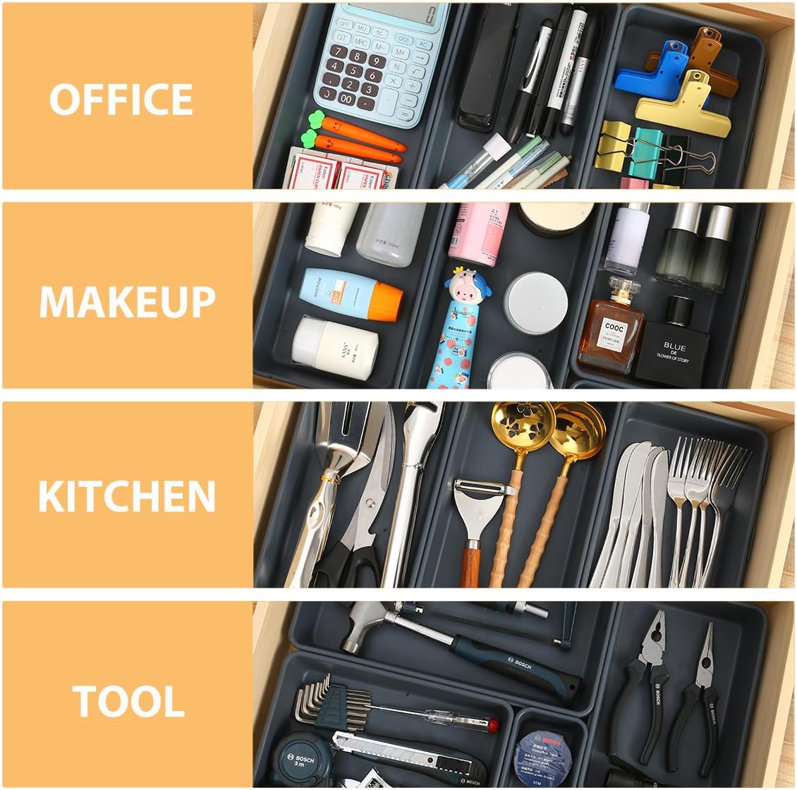6 PCS Large Drawer Organizer, 3 Sizes Plastic Versatile Desk Drawer Organizer Trays, Kitchen Drawer Organization and Plastic Storage Bins for Makeup, Vanity, Kitchen, Utensils, Office, Bathroom