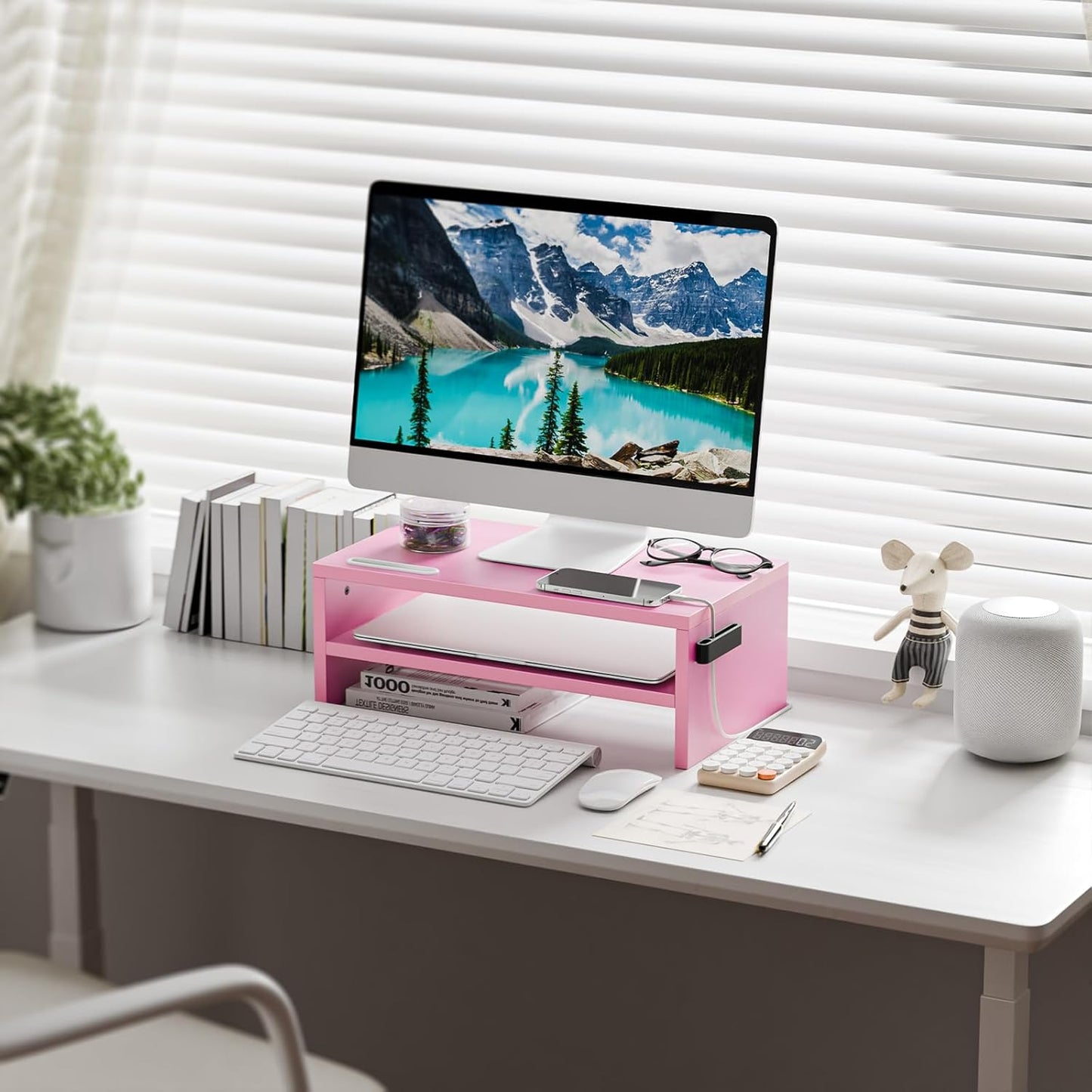 Marbrasse Monitor Stand Riser, 2 Pack 16.5 Inch 2 Tier Computer Monitor Stand, Printer Shelf Stand for Laptop Computer Screen Storagek,Desktop Stand with Phone Holder and Cable Management