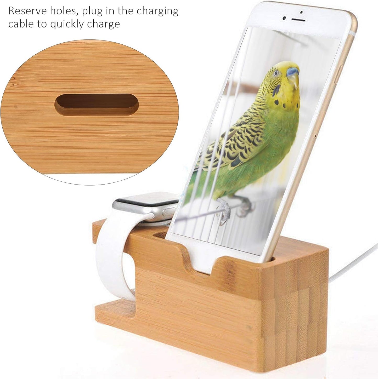 Pssopp Bamboo Charging Station, Wooden Charging Station Desktop Docking Station Organizer for Cellphone Smart Watch Tablet Charging Cables