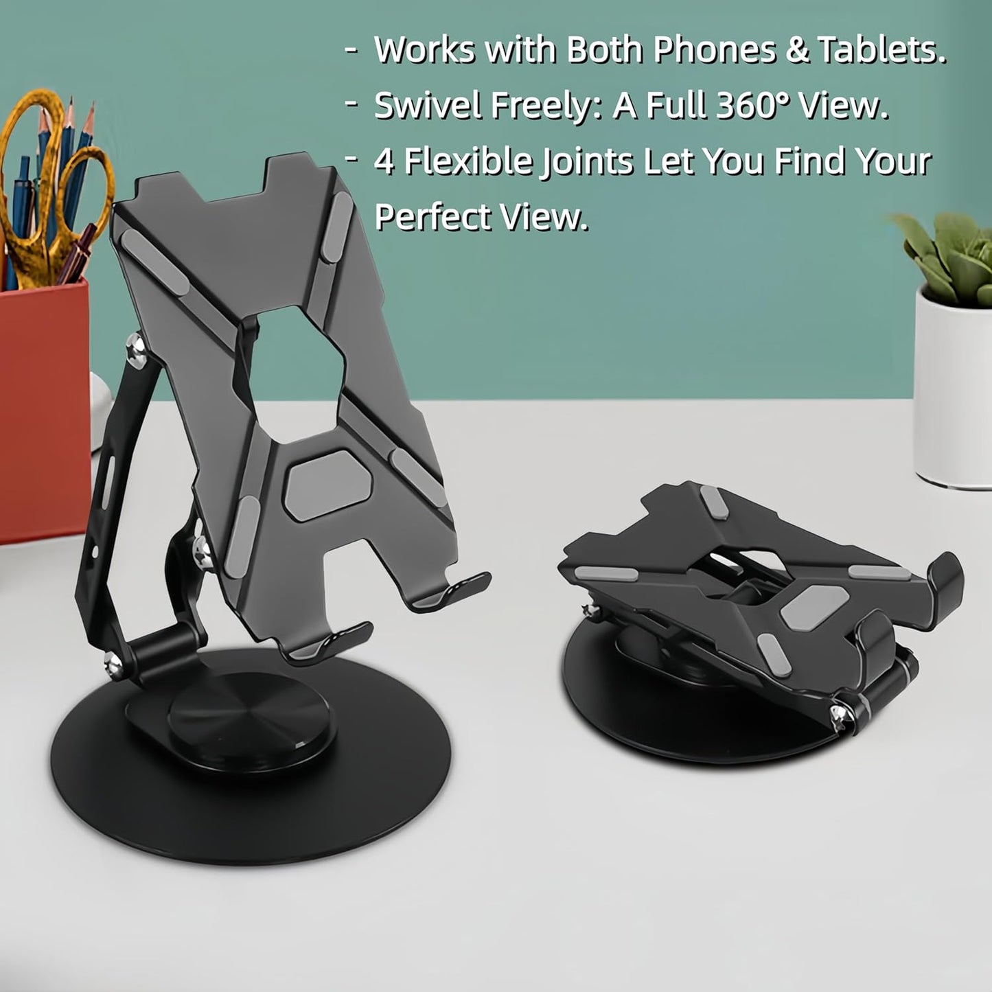 All-Metal Cell Phone Stand 360° Rotatable & Height Adjustable - 25KG Super Load-Bearing, Foldable Desk Stand for Phone, Compatible with iPhone 17/16/15/14, Nintendo Switch, Silver