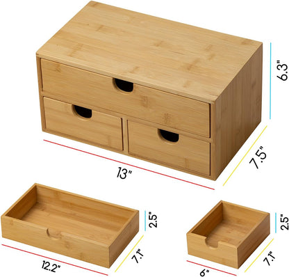 MEEDEN Bamboo Desk Organizer with Drawers: Desktop Storage Container with Shelf - Tabletop Storage Organization Box for Office Home Toiletries Supplies