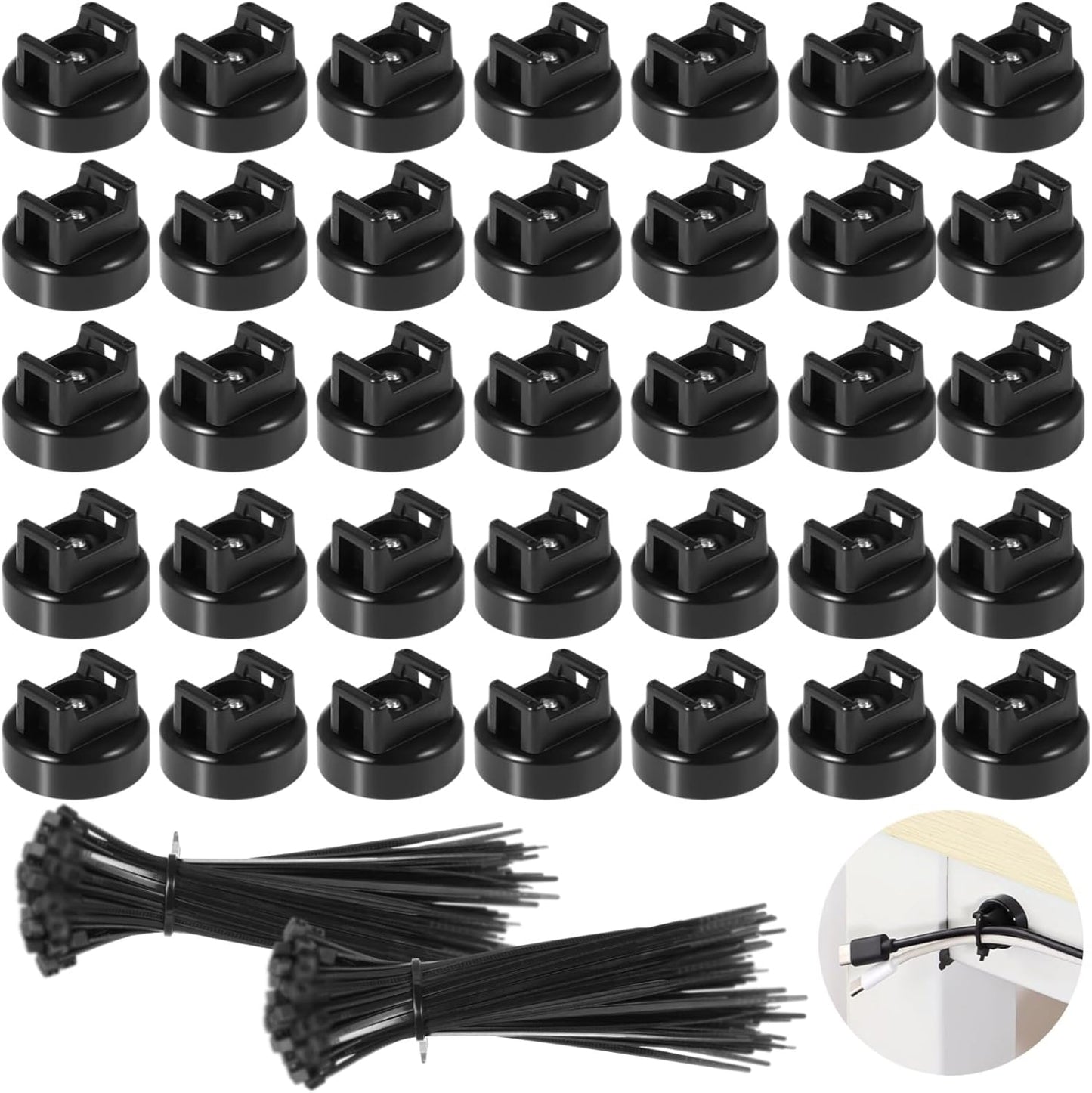 Magnetic Cable Zip Tie Mounts, 35 Pcs Magnet Bases with 200 Pcs Cable Ties, Multipurpose Wire Management Organizer for Desk PC Home Office, Adhesive-Free Cable Clips Holder