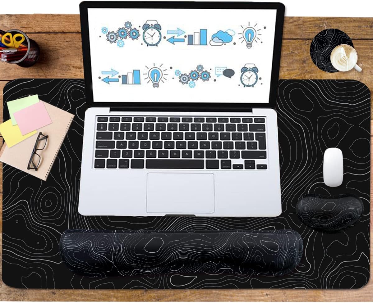 4-in-1 Large Gaming Mouse Pad, Keyboard Wrist Rest Pad & Wrist Support Mousepad Set, Extended Desk Pad Waterproof Desk Mat for Home Office Study Game-Black