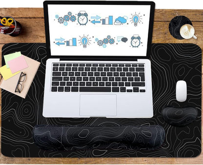 4-in-1 Large Gaming Mouse Pad, Keyboard Wrist Rest Pad & Wrist Support Mousepad Set, Extended Desk Pad Waterproof Desk Mat for Home Office Study Game-Black