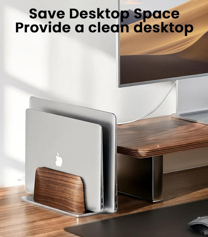 LOXP Vertical Laptop Stand, [Dual Slot Wooden + Aluminum Laptop Holder], Desktop Adjustable MacBook Stand, Adjustable Base, for MacBook Pro/Air, (up to 17.3-inch All laptops)