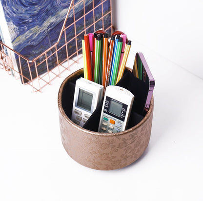 lizimandu Round Leather Art Supply Organizer,Remote Control Holder,360 Degree Spinning,Multi-Functional Pencil Holder,4 Compartments Desktop Stationary Organizer(1-Gold) - Colors B