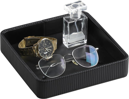 Small Valet Tray, 8"x8" Nightstand Organizer for Women Men| PU Leather Desk Organizer Trinket Dish| Decorative Vanity Tray Catch All Key Bowl for Dresser Bedside Coffee Table Entryway (Black)