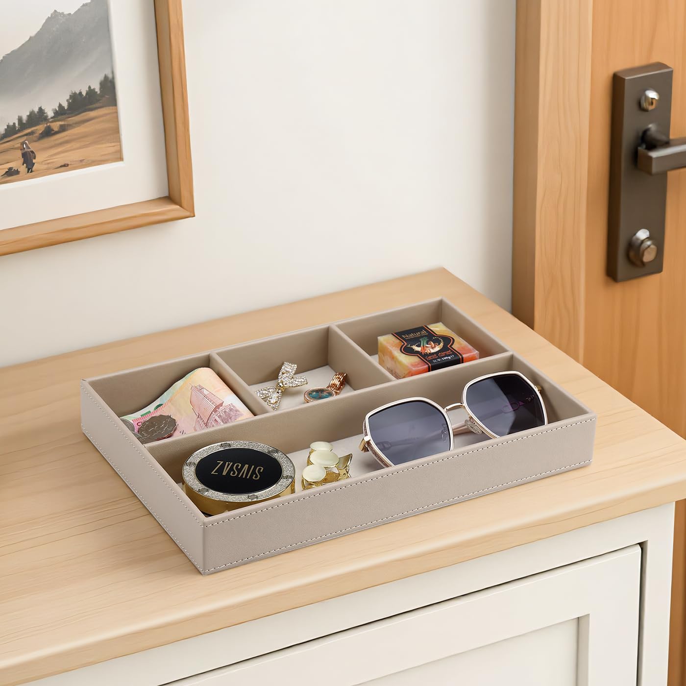 GORESE 2 Pieces Faux Leather Valet Tray for Men, Stackable Jewelry Organizer for Drawers, Nightstand Caddy Tray for Key, Wallet, Sunglass, Watch, Coin, Phone, Bedside Desk-top Storage Black