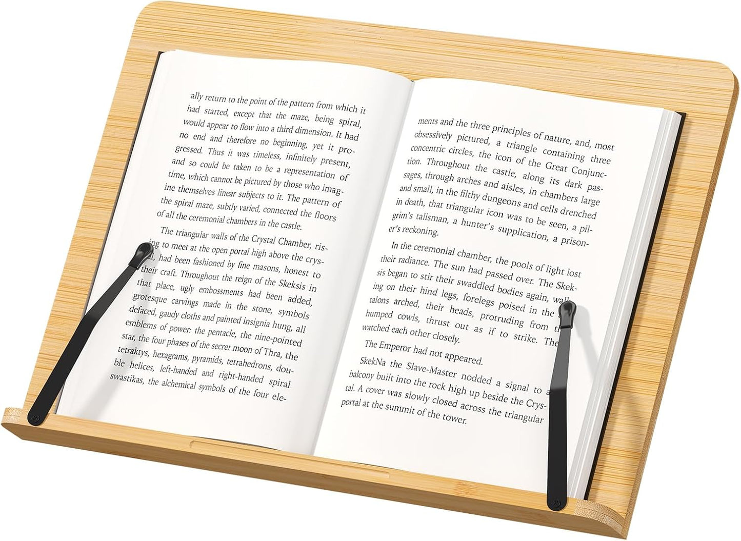 Bamboo Book Stand, Adjustable Reading Holder with Page Clips, Portable Lightweight Desk Stand for Textbooks, Cookbooks (Small)