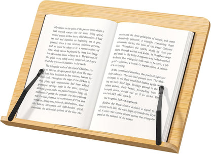 Bamboo Book Stand, Adjustable Reading Holder with Page Clips, Portable Lightweight Desk Stand for Textbooks, Cookbooks (Small)