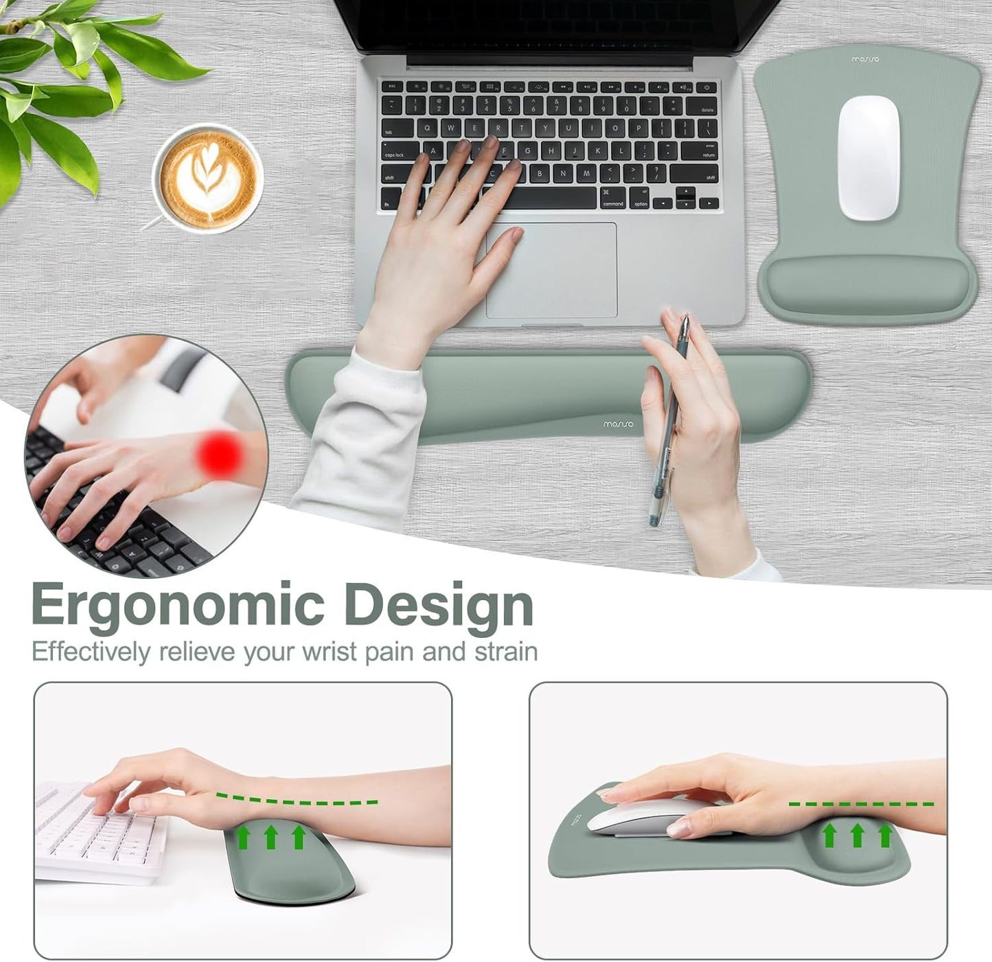 MOSISO Wrist Rest Support for Mouse Pad & Keyboard Set, Ergonomic Mousepad Non-Slip Base Home/Office Pain Relief & Easy Typing Cushion with Neoprene Cloth & Raised Memory Foam, Apricot