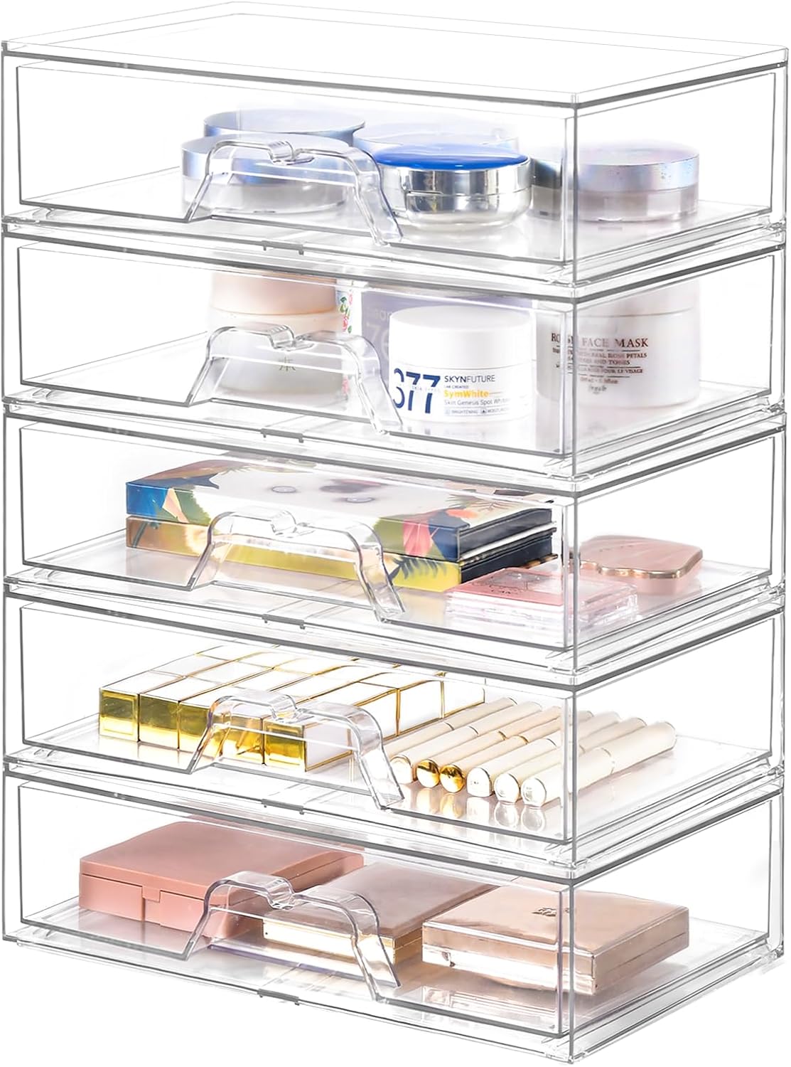 Stebopum 6 Pack Stackable Makeup Organizer, 4.4'' Tall Acrylic Bathroom Makeup Organizer and Storage Drawer with Pull-out Handle, Clear Plastic Storage Bins for Vanity,Pantry,Desk,Undersink,Kitchen