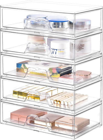 Stebopum 6 Pack Stackable Makeup Organizer, 4.4'' Tall Acrylic Bathroom Makeup Organizer and Storage Drawer with Pull-out Handle, Clear Plastic Storage Bins for Vanity,Pantry,Desk,Undersink,Kitchen