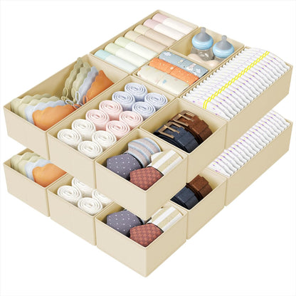 DIMJ Drawer Organizers Clothes, Dresser Organizer Bins for Baby Clothes,Underwear and Sock, Fabric Closet Organization and Storage Boxs, Drawer Dividers for Nursery, Clothing, Tie - 4 Pack, Beige
