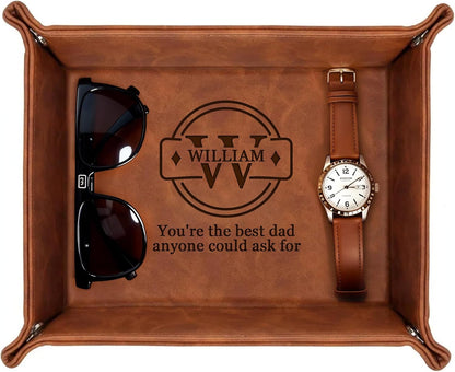 Personalized Engraved Leather Tray for Men with Engraved Name, PU Leather Valet Organizer for Dad, Custom Gift for Him, Custom Catchall Tray for Desk, Office, Accessories Travel Organizer for Men