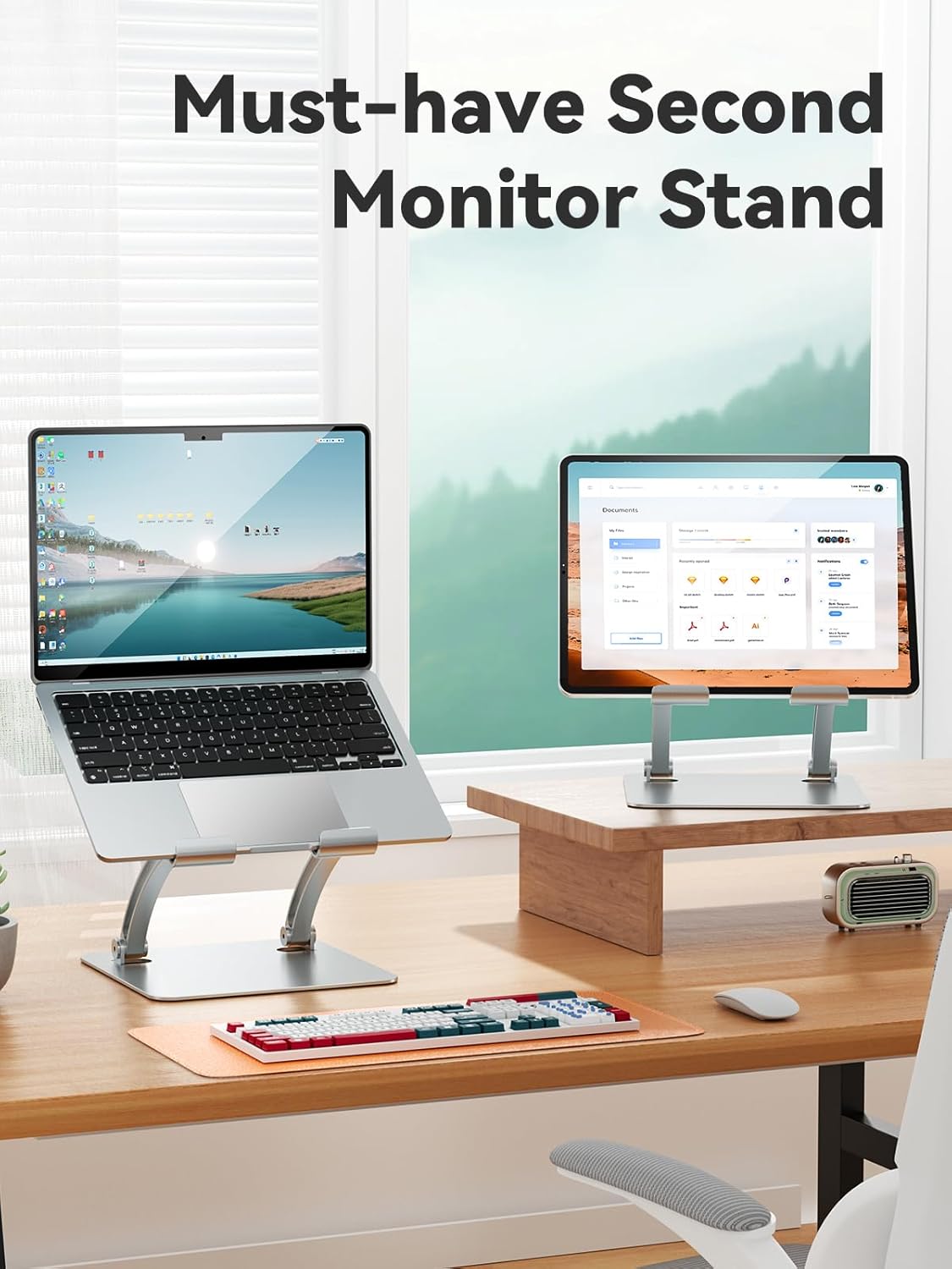 tounee Tablet Holder Stand, Dual Rod Adjustable Aluminum Desktop Stand, Compatible with 4.7-16.9" iPads, Surface Tablets, Portable Monitors, Kindle & More (Gray)