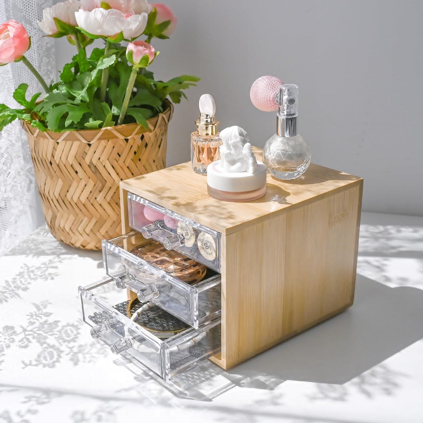 Ikee Design Bamboo Makeup Organizer, Desktop Drawer Organizer with Three Clear Acrylic Drawers, Office Desk Organizer for Lipsticks, Cosmetics, Jewelry, and Accessories for Vanity, Home