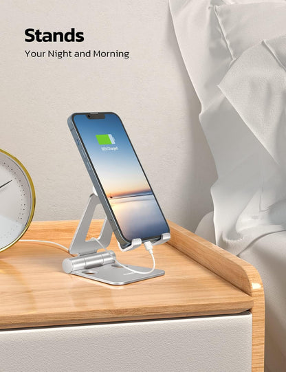 Nulaxy 2 Pack Fully Aluminum Dual Folding Cell Phone Stand, Adjustable Foldable Desktop Phone Holder for Desk Compatible with iPhone 17 16 15 14 13 12 11 Pro Max Xs Xr X 8, All Phones, Black & Silver