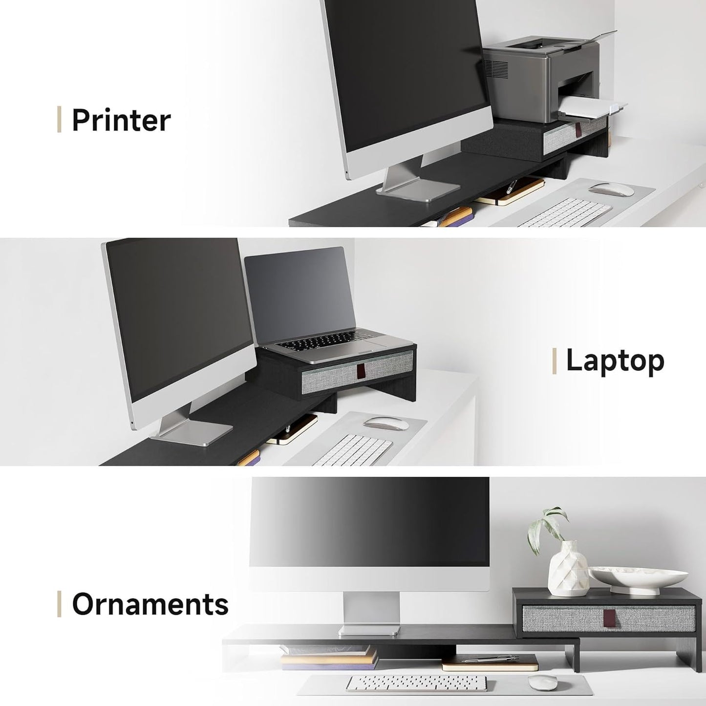 Fenge Computer Monitor Riser Stand with Drawer for 2 or 3 Monitors ,Adjustable Length and Angle Desktop Laptop Stand,Office Organizer,Printer,Black