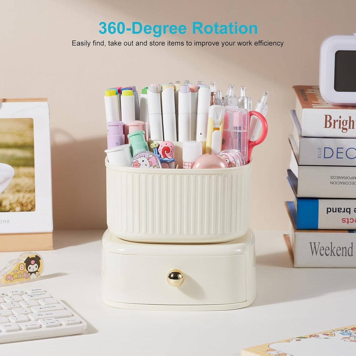 Desk Pencil Pen Holder, 5 Slots 360 Degree Rotating Pencil Pen Organizers for Desk Desktop Storage Stationery Supplies Organizer Cute Pen Cup for Office School Home Art Supply Cream Yellow