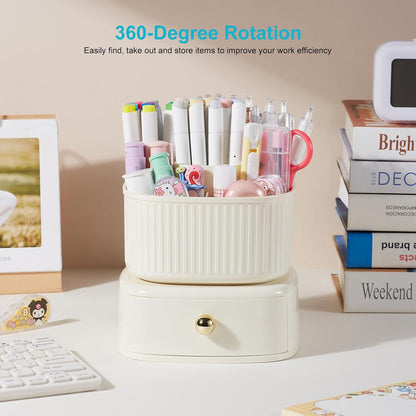 Desk Pencil Pen Holder, 5 Slots 360 Degree Rotating Pencil Pen Organizers for Desk Desktop Storage Stationery Supplies Organizer Cute Pen Cup for Office School Home Art Supply Cream Yellow