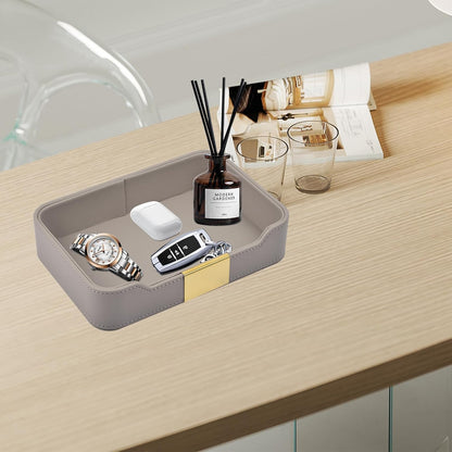 Luxury Leather Valet Tray Desktop Storage Organizer,Bedside Vanity Catchall Tray Nightstand Caddy Holder for Cosmetic,Jewelry,Watch,Keys,Phone,Wallet,Remote Controller,Pen,Black