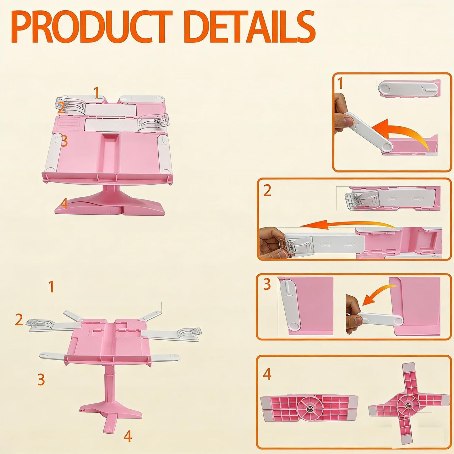 Book Stand for Desk, Kids Book Stand Adjustable Shelf Thick Base Foldable Riser Holder, Portable Desktop with Elastic Page Clips Gift for Children (Pink)