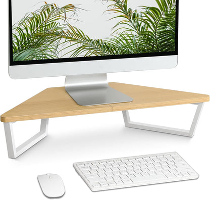 TEAMIX 26 inch Triangle Monitor Stand Riser, Desktop Corner Shelf with Metal Leg Wood Computer Stand with Storage Laptop Riser Office Organization
