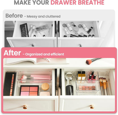 HOUSE DAY Makeup Drawer Organizer Trays 24 PCS, 4-Size Clear Drawer Organizers with Silicone Pads, Vanity Organizers and Storage, Non Slip Plastic Drawer Organizer for Desk, Bathroom, Kitchen, Office