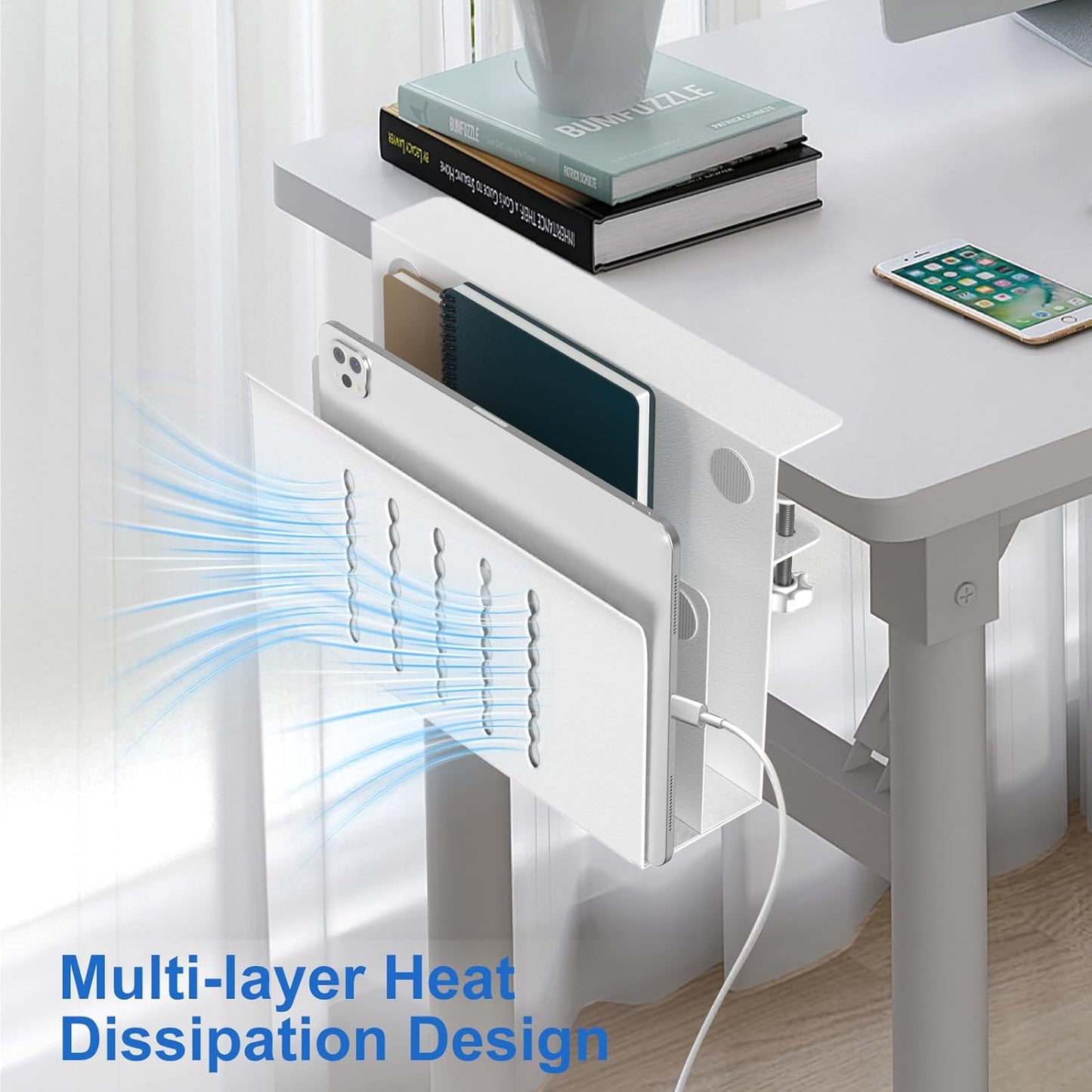 HAMOPY Desk Side Storage, Single-Layer Steel Hanging Desk Organizer with Magnetic Pen Holder, No Drilling Desk Drawer Cable Management Tray, Under Desk Laptop Holder for Office, School&Home(White)