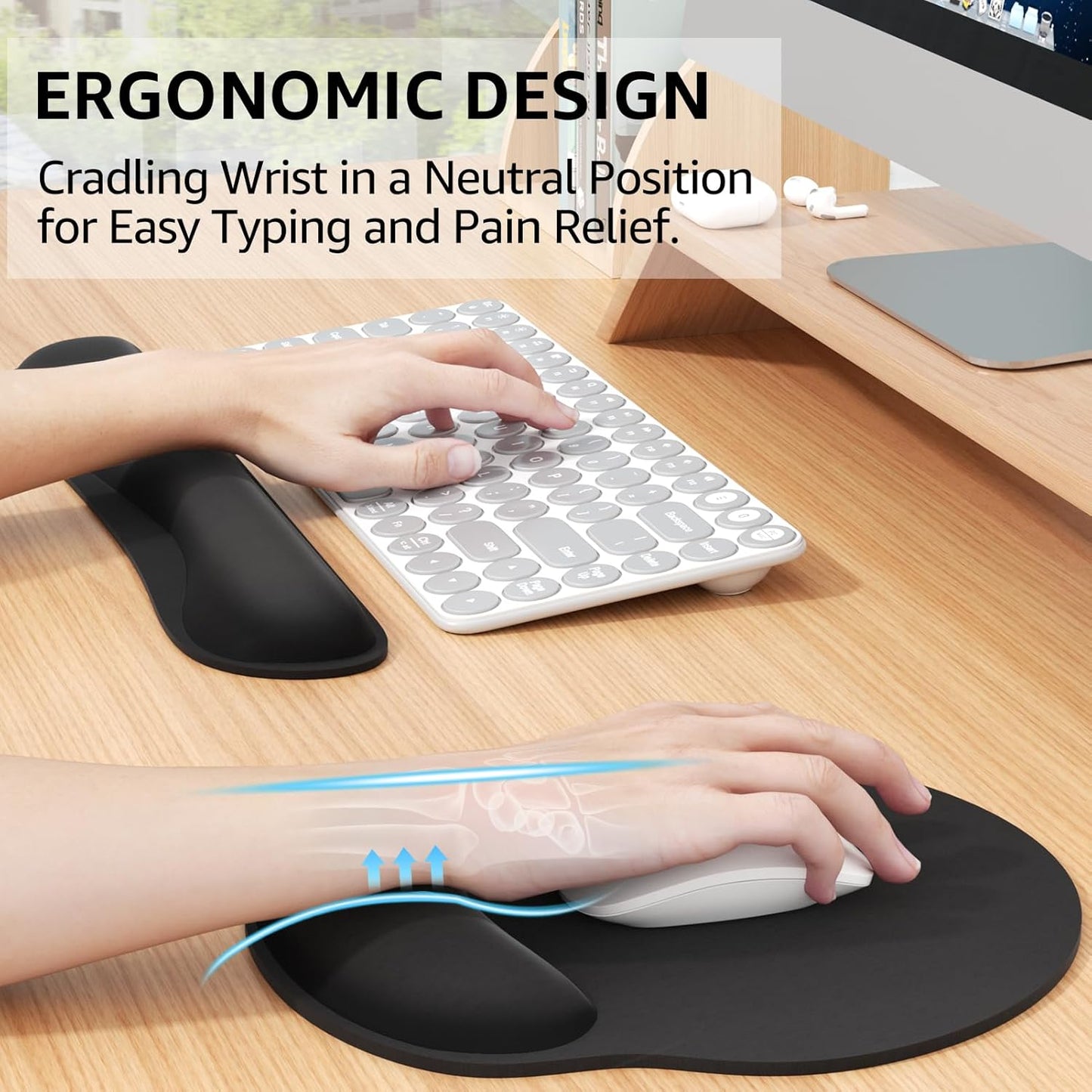 KTRIO Ergonomic Keyboard Wrist Rest and Mouse Pad with Wrist Rest Set, Memory Foam Wrist Support for Typing, Gaming, Office and Home Use, Black