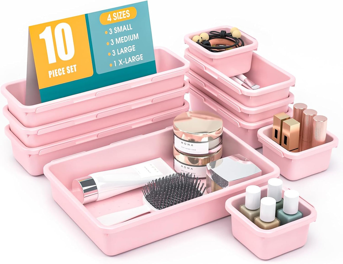 StoreHappily 10 PCS Drawer Organizer Set, 4 Size Makeup Drawer Divider Organizer With Non-Slip Pads, Interlocking Plastic Storage Bins for Office,Jewelry Vanity,Gadgets, Bathroom,Kitchen, Black
