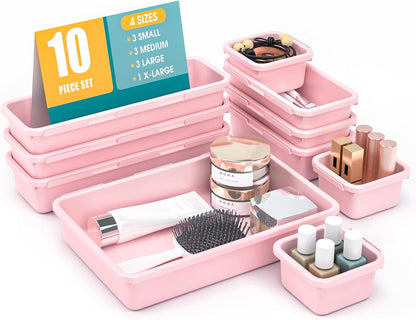 StoreHappily 10 PCS Drawer Organizer Set, 4 Size Makeup Drawer Divider Organizer With Non-Slip Pads, Interlocking Plastic Storage Bins for Office,Jewelry Vanity,Gadgets, Bathroom,Kitchen, Black