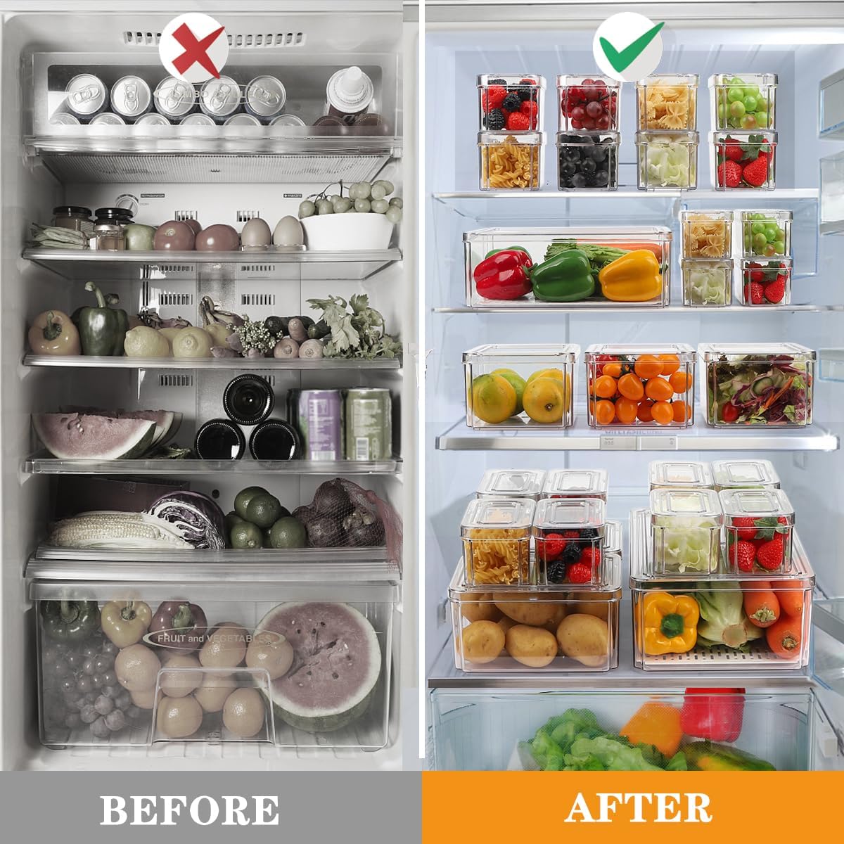 10 Pack Refrigerator Pantry Organizer Bins, Stackable Fridge Organizer Bins with Lids, Clear Plastic Food Storage Bins for Kitchen, Countertops, Cabinets, Fridge, Drinks, Fruits, Vegetable, Cereals