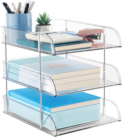 Clear Stackable Paper Trays 4 Pack, PET Letter Tray Desk Organizer, Desktop Organizers and Storage for Books, Magazines, Folders, A4 Size File Paper, Office Supplies