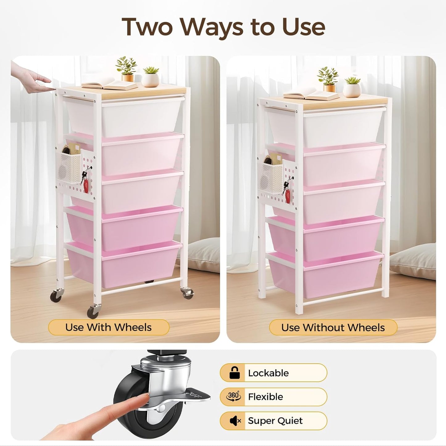 Rolling Cart with 3 Drawers, Plastic Drawer Storage Carts with Lockable Wheels & Wooden Tabletop, Metal Utility Cart Organizer, Office Bedroom Classroom Craft Organization and Storage, Bright White