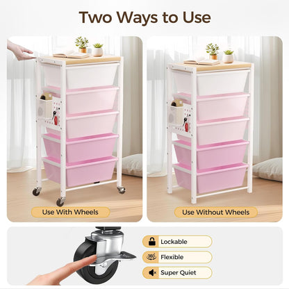 Rolling Cart with 3 Drawers, Plastic Drawer Storage Carts with Lockable Wheels & Wooden Tabletop, Metal Utility Cart Organizer, Office Bedroom Classroom Craft Organization and Storage, Bright White