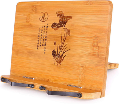 MEGREZ Bamboo Book Stand 11 x 8.0 inch, Foldable Cookbook Holder with 6 Adjustable Height, Reading Book Holder for Recipe, Music Book, Textbook, Tablet Stand, Rose