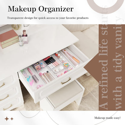 Criusia Drawer Organizer, 10 Pack Large Clear Plastic Set, 3 Size Versatile Bathroom and Vanity Organizer Trays, Storage Bins for Makeup, Bedroom, Kitchen Utensils